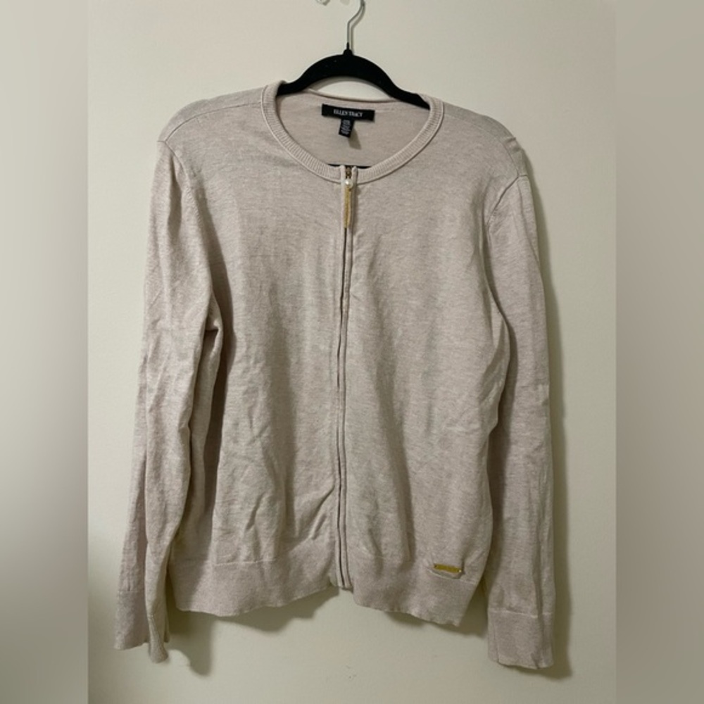 Ellen‎ Tracy Pearl Tassel Zip Up Cardigan in Tan - Petite XL